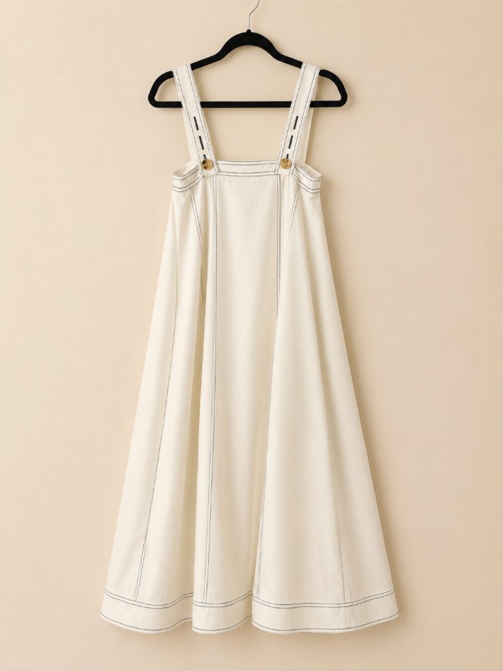 Coastal Luxury White Linen Tencel Blend Contrast Stitch Trapeze Maxi Dress - Picture 5 of 12